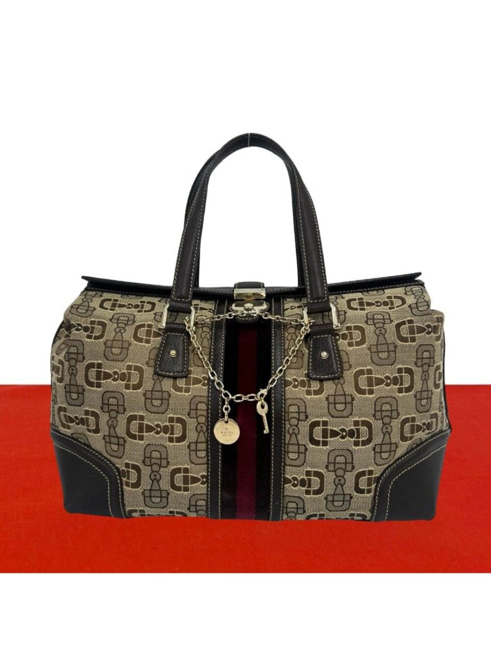 Gucci Sherry Line Horsebit Pattern Canvas Leather Velour Tote Bag Brown with Key